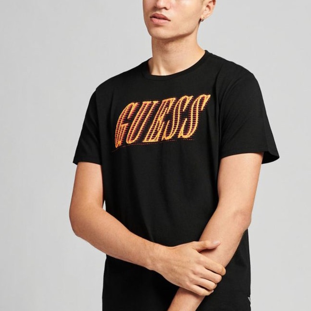 Guess - Mens RARE Graphic T-Shirt Black Tee Raised Lettering Fiery Logo
